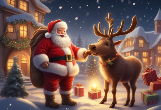 Foto santa claus con el alce magia invierno luces de la noche de navidad ai generado ilustración foto