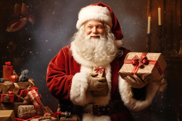 Santa Claus alegre con cajas de regalos en el fondo de Navidad