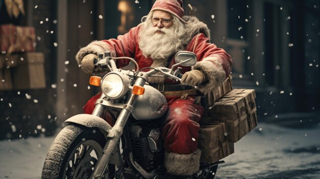 Santa Claus avanza por una carretera nevada de la ciudad en su motocicleta Generative Ai