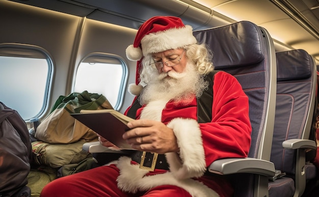 Santa claus en avión con ciudadanos usando teléfono inteligente o tableta travellingholidaymerry christmastech