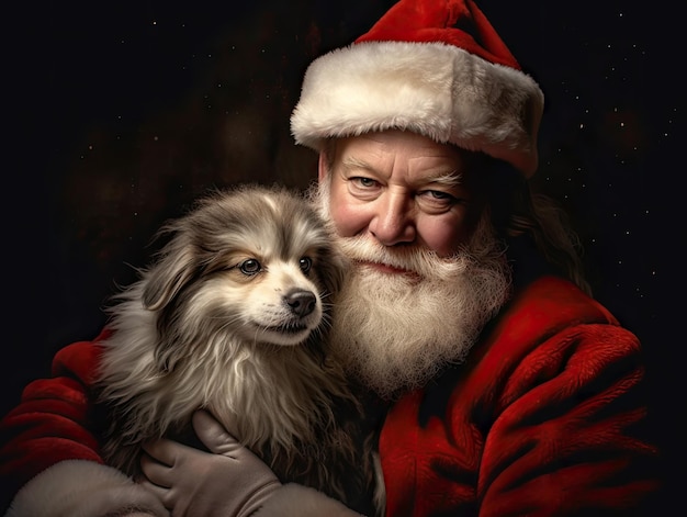 Santa Claus con cachorro de perro sobre fondo oscuro concepto de tarjeta de Navidad Ilustración digital