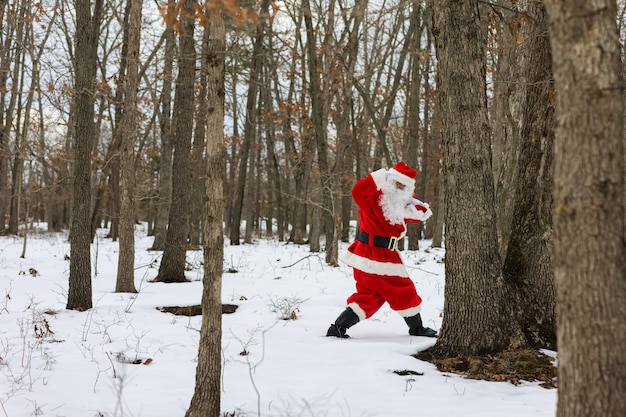 Santa Claus caminando por el bosque de invierno llevando regalos de Navidad y mirando a otro lado