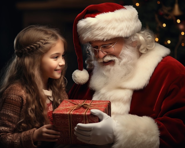 Santa Claus le da a una niña un regalo de Navidad