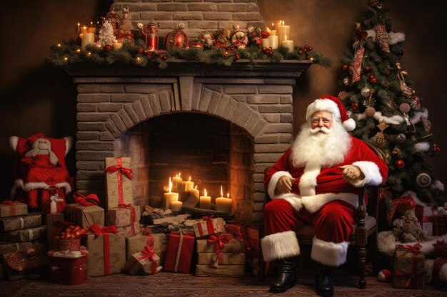 Santa Claus descansando en un sillón junto a la chimenea y el árbol de Navidad