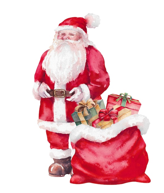 Santa Claus dibujado a mano con acuarela con bolsa roja personaje navideño tradicional con abrigo y sombrero rojo