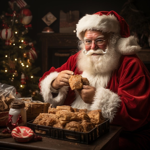 Santa Claus está comiendo una galleta y una barra de galletas generativa ai