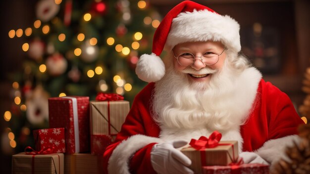 Una Santa Claus está sentada frente a un árbol de Navidad con regalos y sonriendo a la cámara