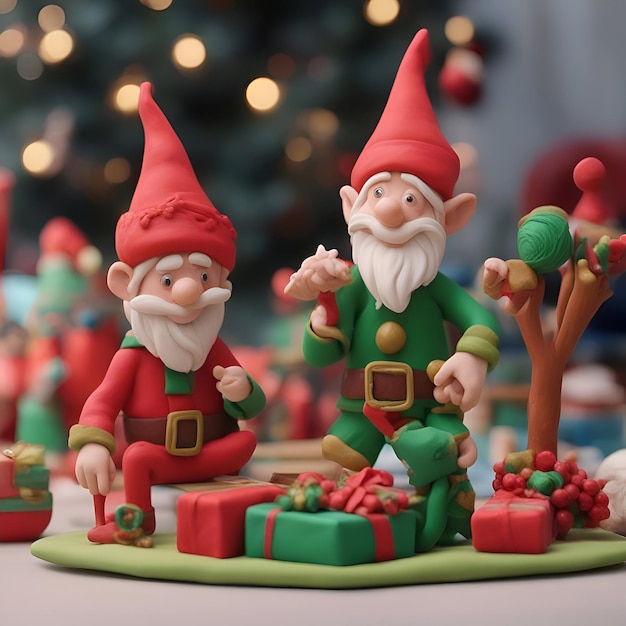 Santa Claus y gnomos con regalos en el fondo del árbol de Navidad