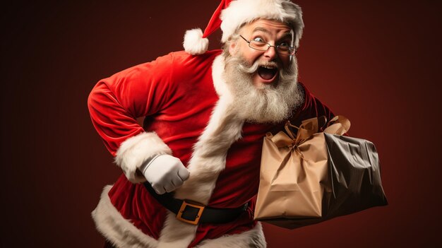 Santa Claus gordo y funky con un abdomen enorme sostiene una bolsa de deseos de regalo, camina, viaja por todo el mundo en la víspera de Navidad, usa tiradores de sombrero de Navidad, fondo de color aislado