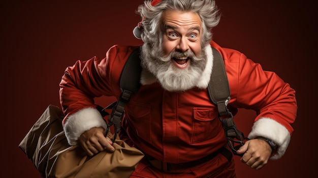 Santa Claus gordo y funky con un abdomen enorme sostiene una bolsa de deseos de regalo, camina, viaja por todo el mundo en la víspera de Navidad, usa tiradores de sombrero de Navidad, fondo de color aislado