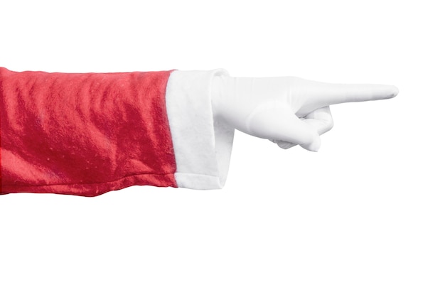 Santa Claus Hand, die etwas lokalisiert über weißem Hintergrund zeigt
