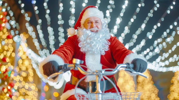 Santa Claus montando una bicicleta en la ciudad en la época de Navidad