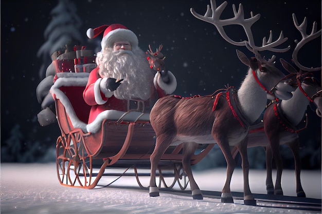 Santa Claus montando un ciervo en un trineo dibujos animados 3D Feliz Navidad