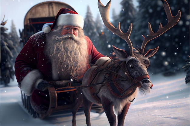 Santa Claus montando un ciervo en un trineo dibujos animados 3D Feliz Navidad
