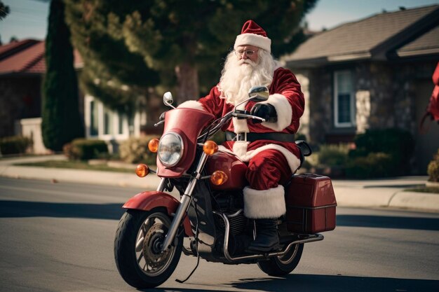 Santa claus montando una moto en la ciudad