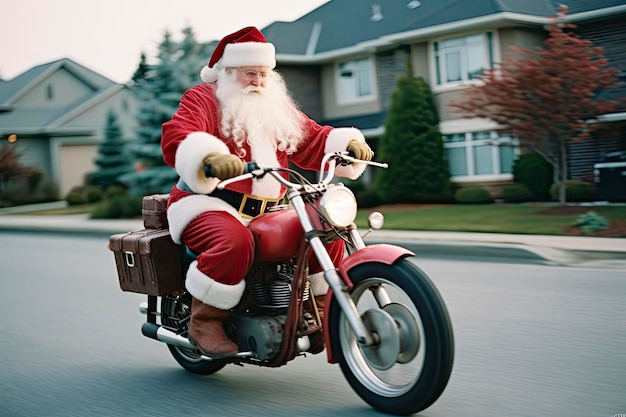 Santa claus montando una moto en la ciudad