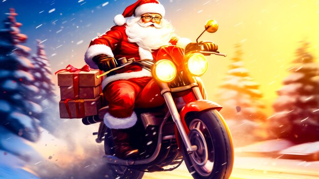 Santa Claus montando una motocicleta con una bolsa de regalos en la parte de atrás AI generativa