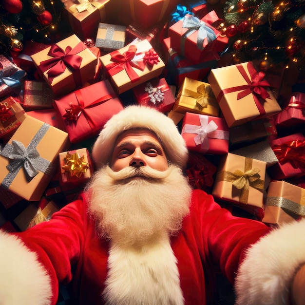 santa claus en un montón de regalos ai generativo