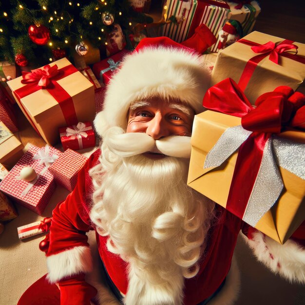 santa claus en un montón de regalos ai generativo