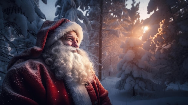 santa claus en la nieve con el sol brillando sobre ella