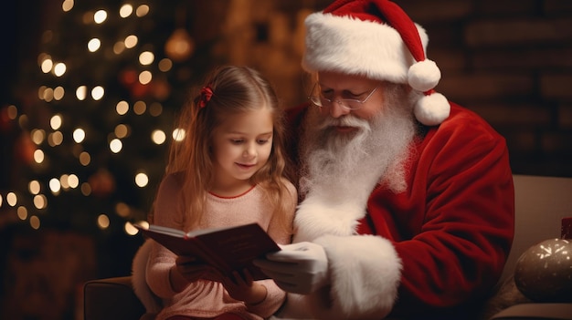 Santa Claus y una niña están leyendo un libro Año nuevo y Navidad El ambiente de las vacaciones