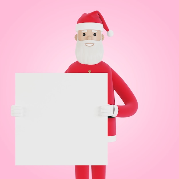 Santa Claus con pancarta Para tarjetas de Navidad pancartas y etiquetas Ilustración 3D en estilo de dibujos animados