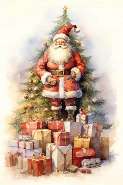 Santa Claus de pie frente al árbol de Navidad trae muchos regalos acuarela ilustración vintage