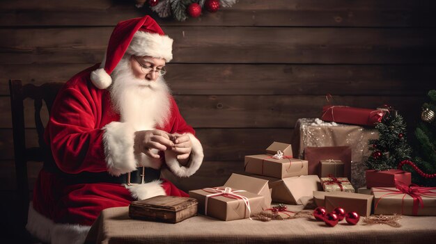 Santa claus con una pila de regalos en una mesa