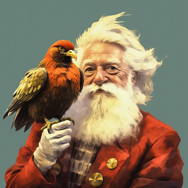 Foto santa claus y el pollo en una ilustración de diseño plano en el estilo de taxidermia