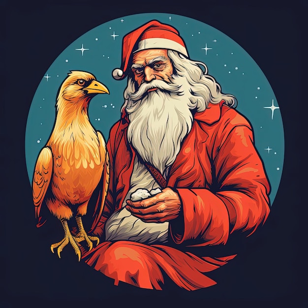 Foto santa claus y el pollo en una ilustración de diseño plano en el estilo de taxidermia