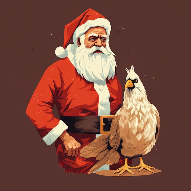 Foto santa claus y el pollo en una ilustración de diseño plano en el estilo de taxidermia