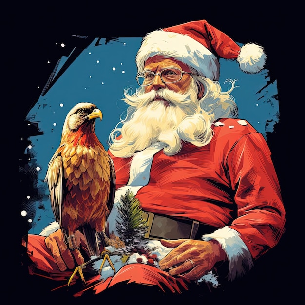 Foto santa claus y el pollo en una ilustración de diseño plano en el estilo de taxidermia