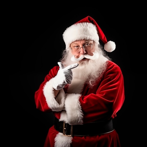 Santa Claus posando con una cara feliz en un claro fondo oscuro