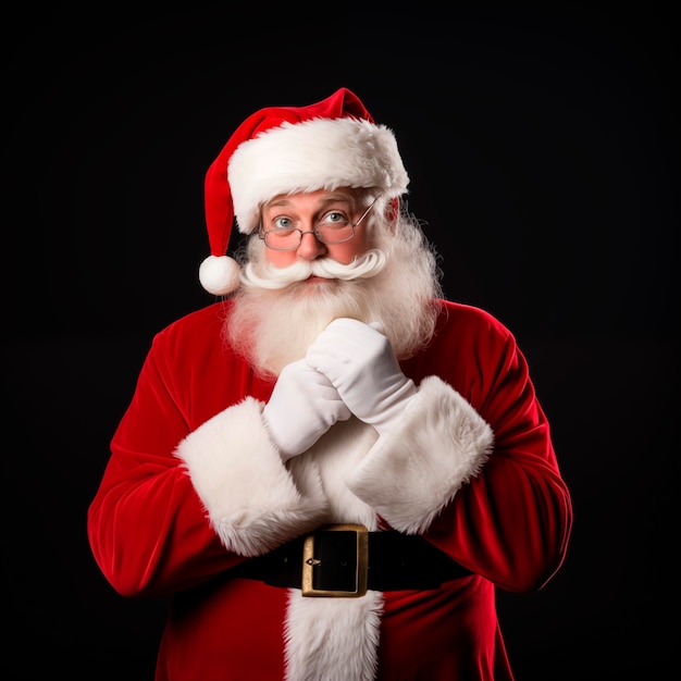 Santa Claus posando con una cara feliz en un claro fondo oscuro