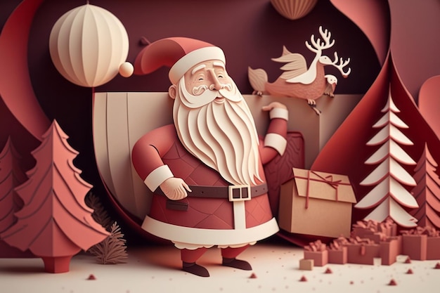 Santa Claus con regalos sonríe estilo de arte de papel Feliz Navidad