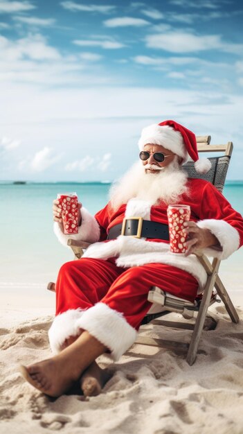 Santa Claus relajándose en la playa con cócteles en las manos Vertical