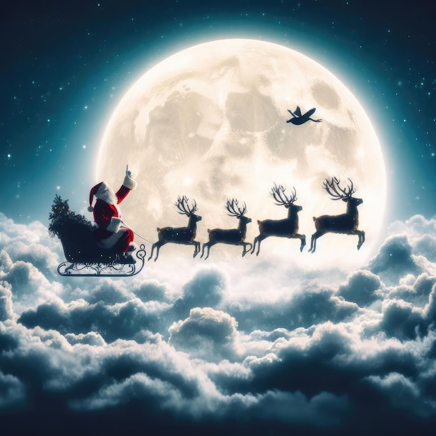 Santa Claus con renos sobre las nubes y una luna llena