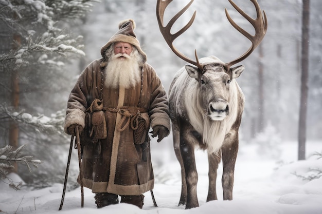 Santa Claus con renos en tarjeta de Navidad