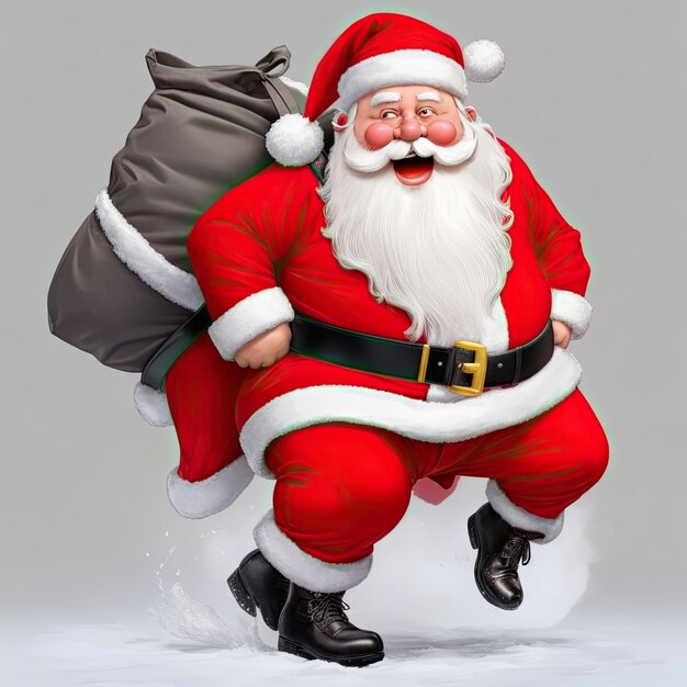 Santa Claus riendo con una bolsa llena de regalos en un fondo blanco