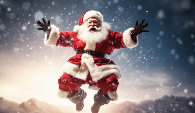 Santa Claus saltando en el aire con la felicidad generada por la IA