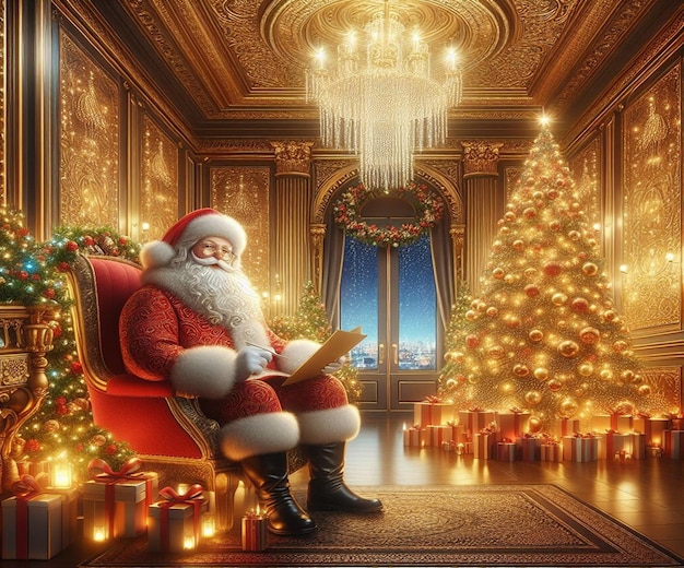 Santa Claus sentado en una silla con un árbol de Navidad en el fondo
