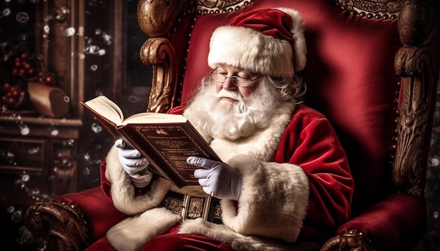 Santa Claus sentado en su casa en una silla cómoda y leyendo su libro mágico children039s