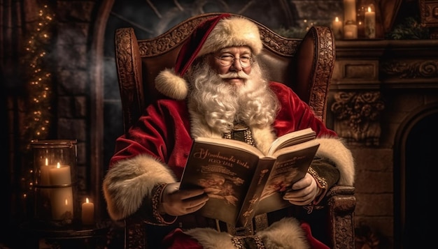 Santa Claus sentado en su casa en una silla cómoda y leyendo su libro mágico children039s