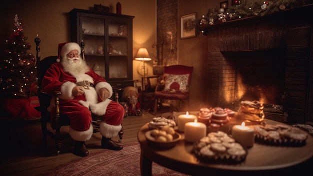 Santa claus se sienta frente a una chimenea con una vela en la mesa.