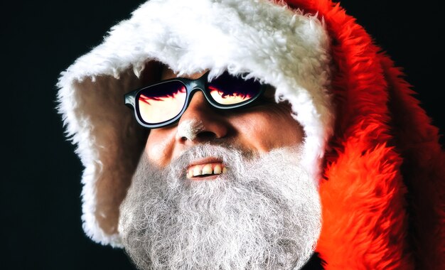 Santa Claus con sombrero y gafas de sol se está riendo. Concepto de celebración. 2020 año nuevo.