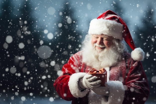 Santa Claus con un sombrero de Navidad sostiene un regalo en sus manos sonriendo felizmente Nieve cayendo fondo borroso Con espacio de copia Estado de ánimo navideño Feliz año nuevo Postal cartel publicitario Feliz