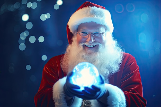 Santa Claus sosteniendo una bola de cristal mágica