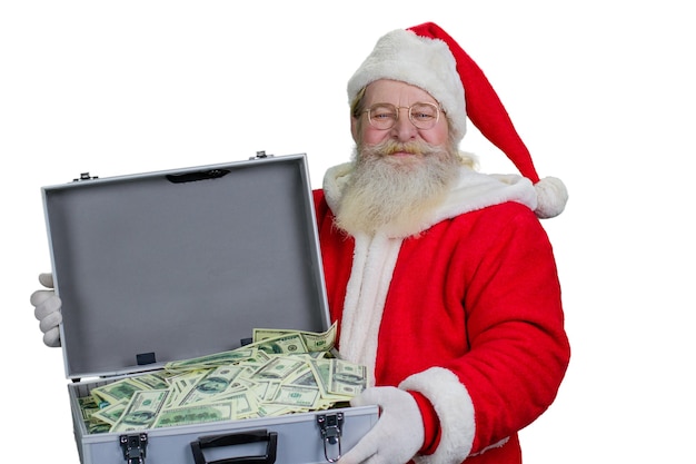 Santa Claus sosteniendo el caso con dinero.