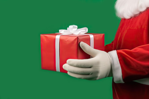 Santa Claus sosteniendo un regalo en su mano sobre fondo verde Copiar espacio