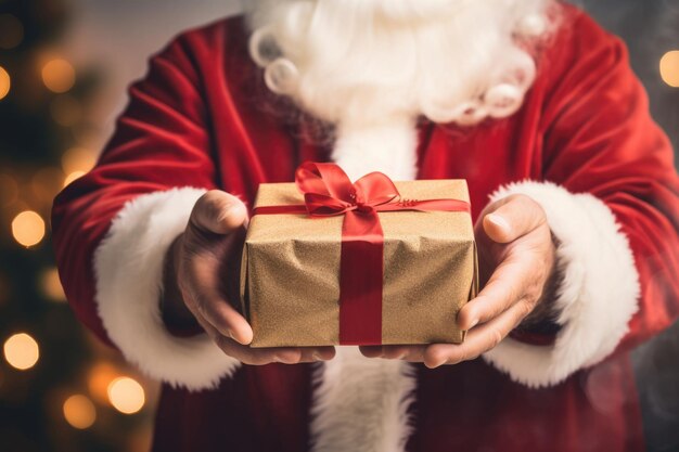 Santa Claus sostiene una caja de regalo con una cinta roja Concepto de feliz Navidad Ilustración generativa de IA